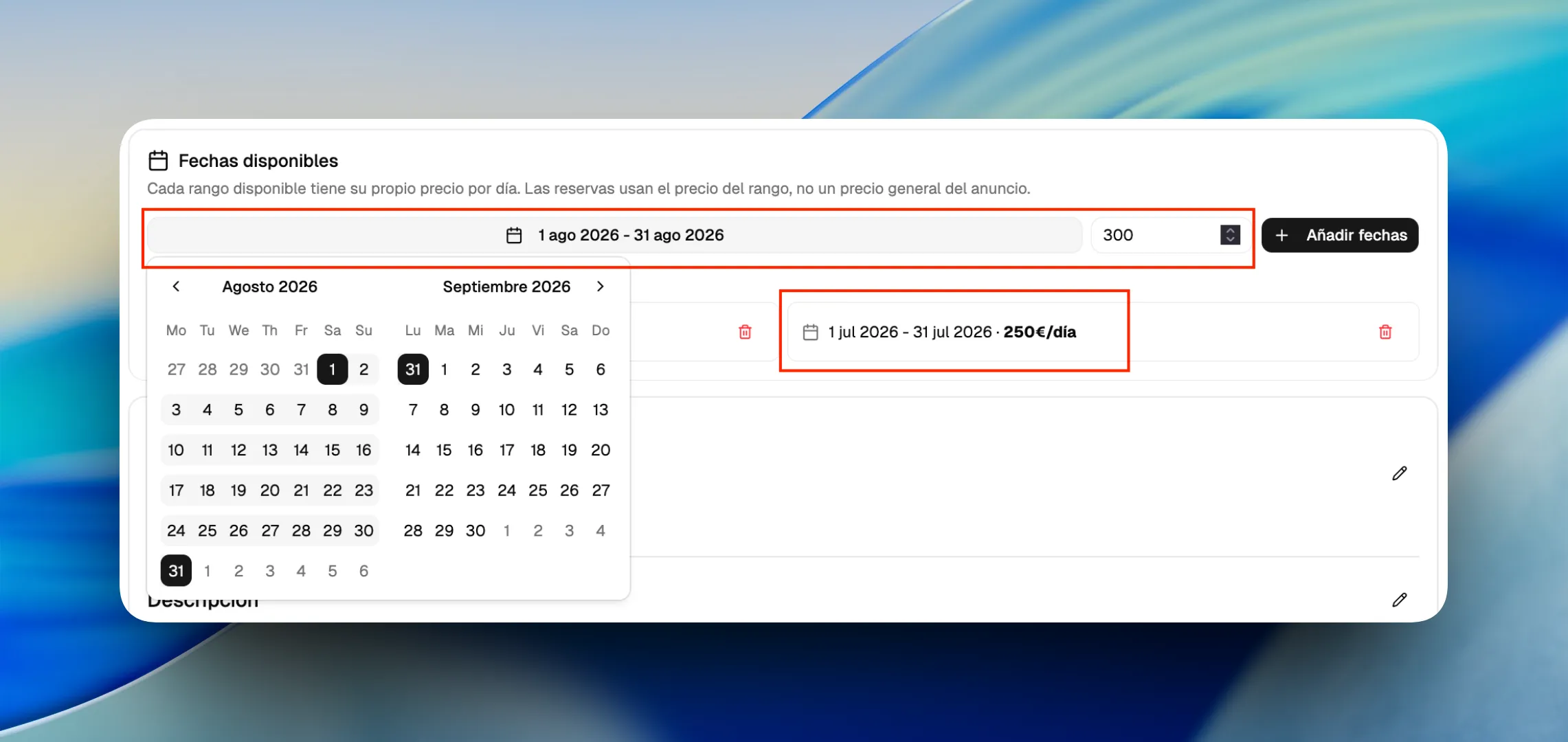 Configuración de precios por temporada en Zarpar