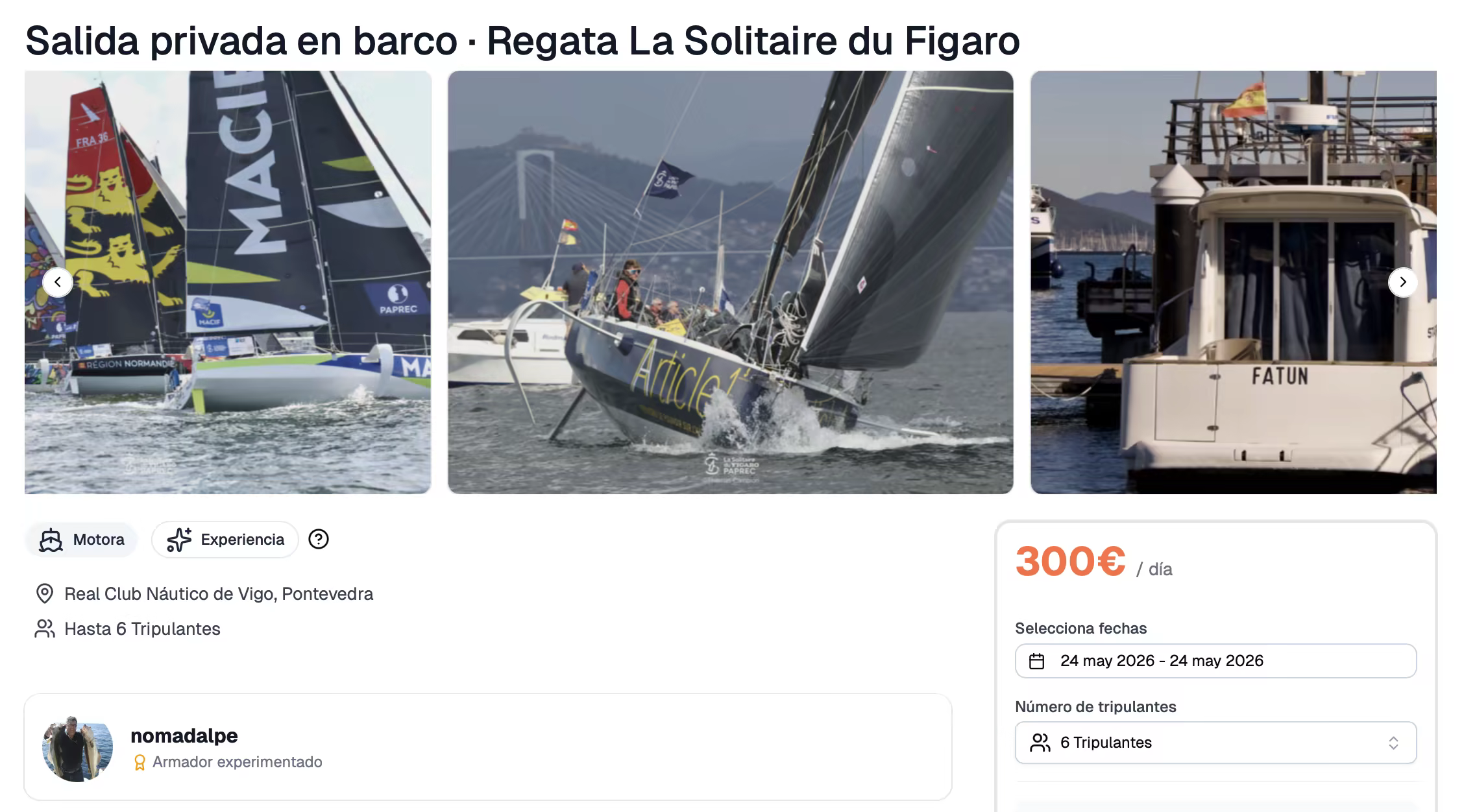 Captura de la ficha en Zarpar: salida privada en barco para ver la Regata La Solitaire du Figaro desde Vigo