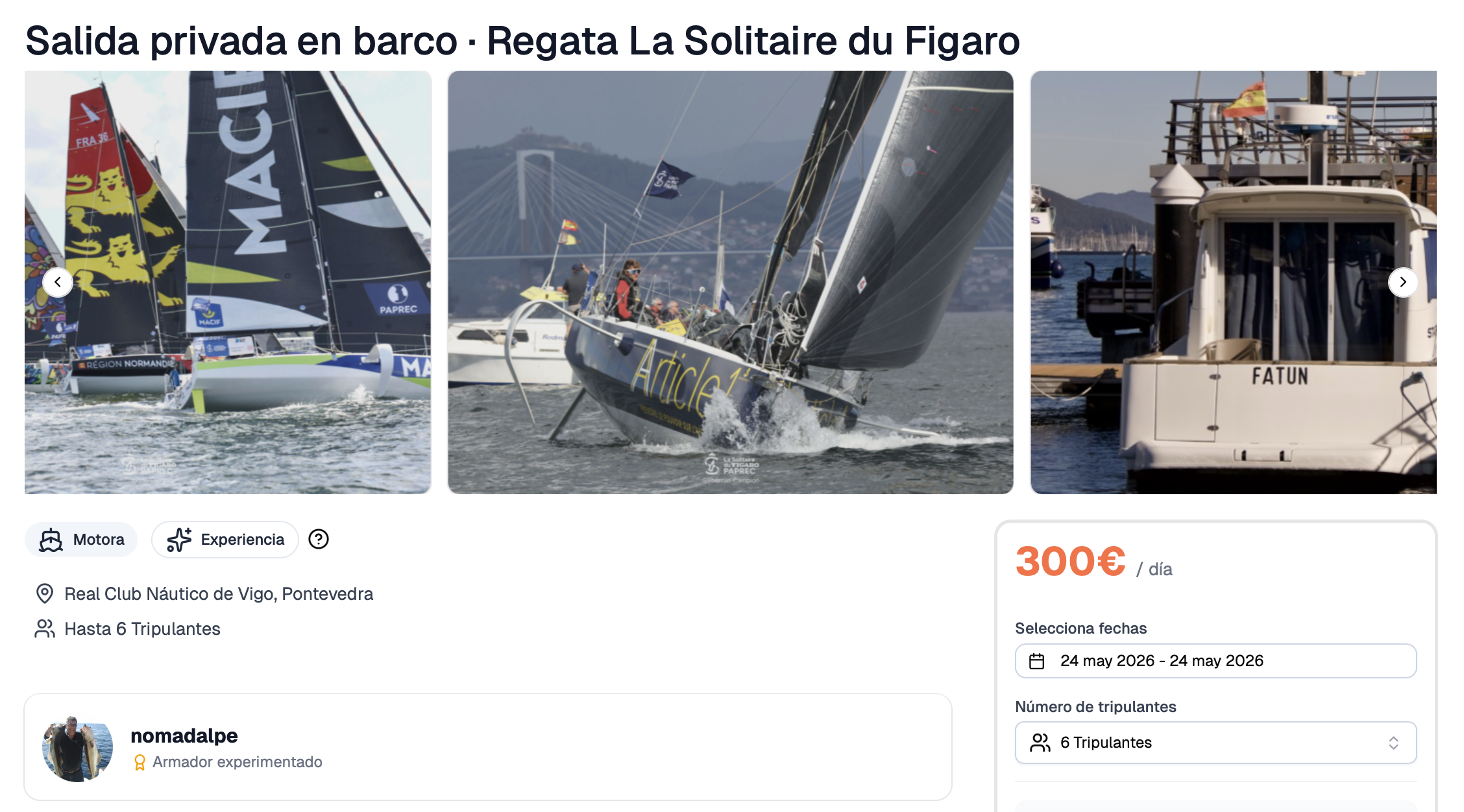 Captura de la ficha en Zarpar: salida privada en barco para ver la Regata La Solitaire du Figaro desde Vigo