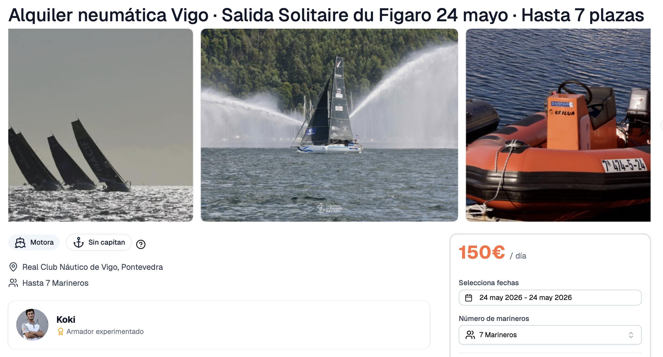 Captura de la ficha de alquiler en Zarpar: neumática en Vigo para la salida La Solitaire du Figaro, 24 de mayo