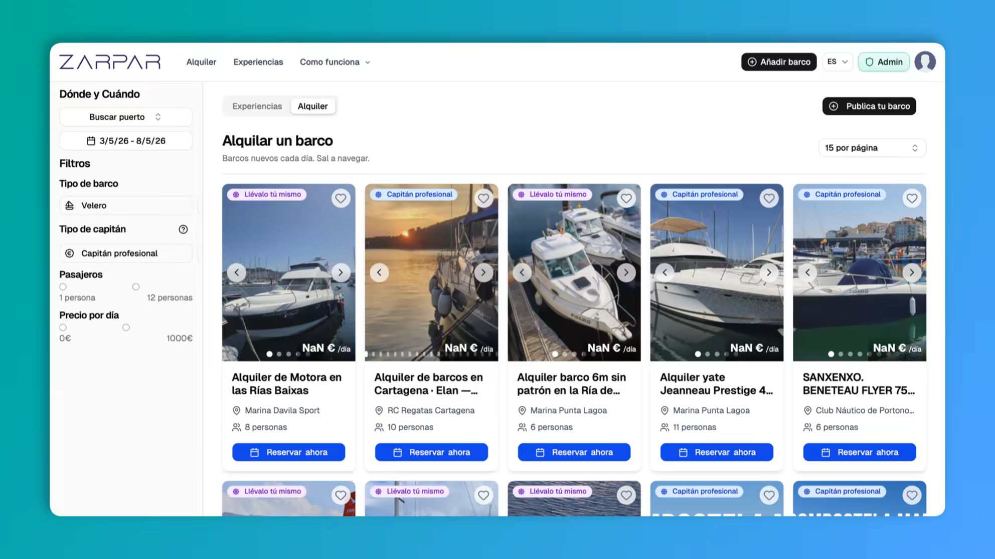 Marketplace anterior con Alquiler y Experiencias separados