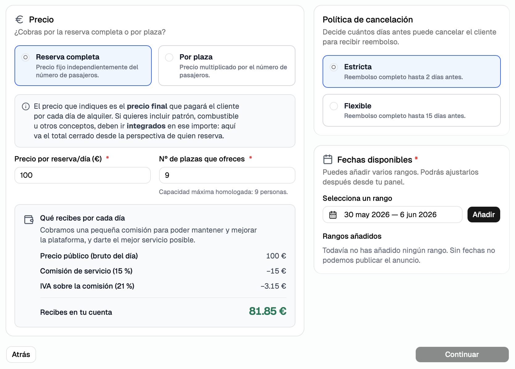 Simulador de precio: con un anuncio de 100€ al día, tras la comisión de servicio (15%) y el IVA, el armador recibe 81,85€ en su cuenta.